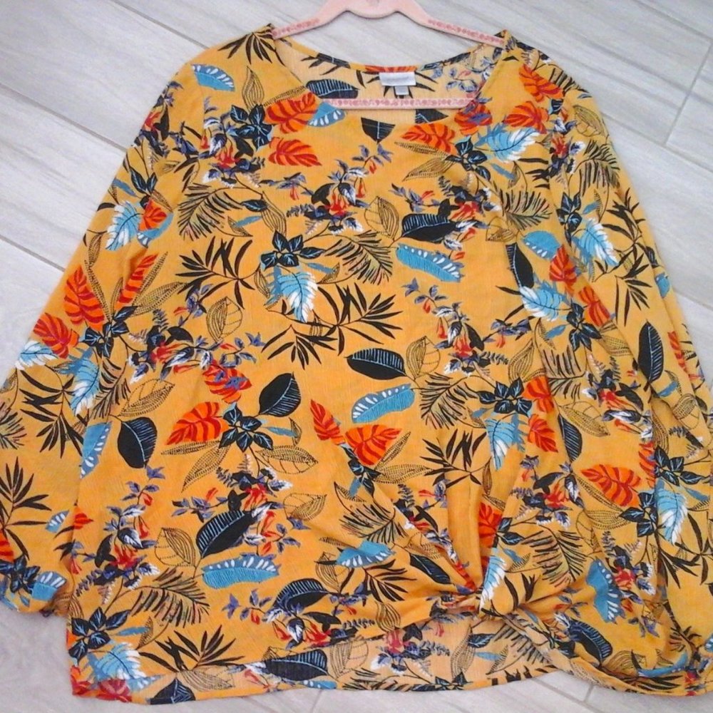 Avenue Mustard Yellow Floral Long Sleeve Tunic Blouse. Plus Size 2X